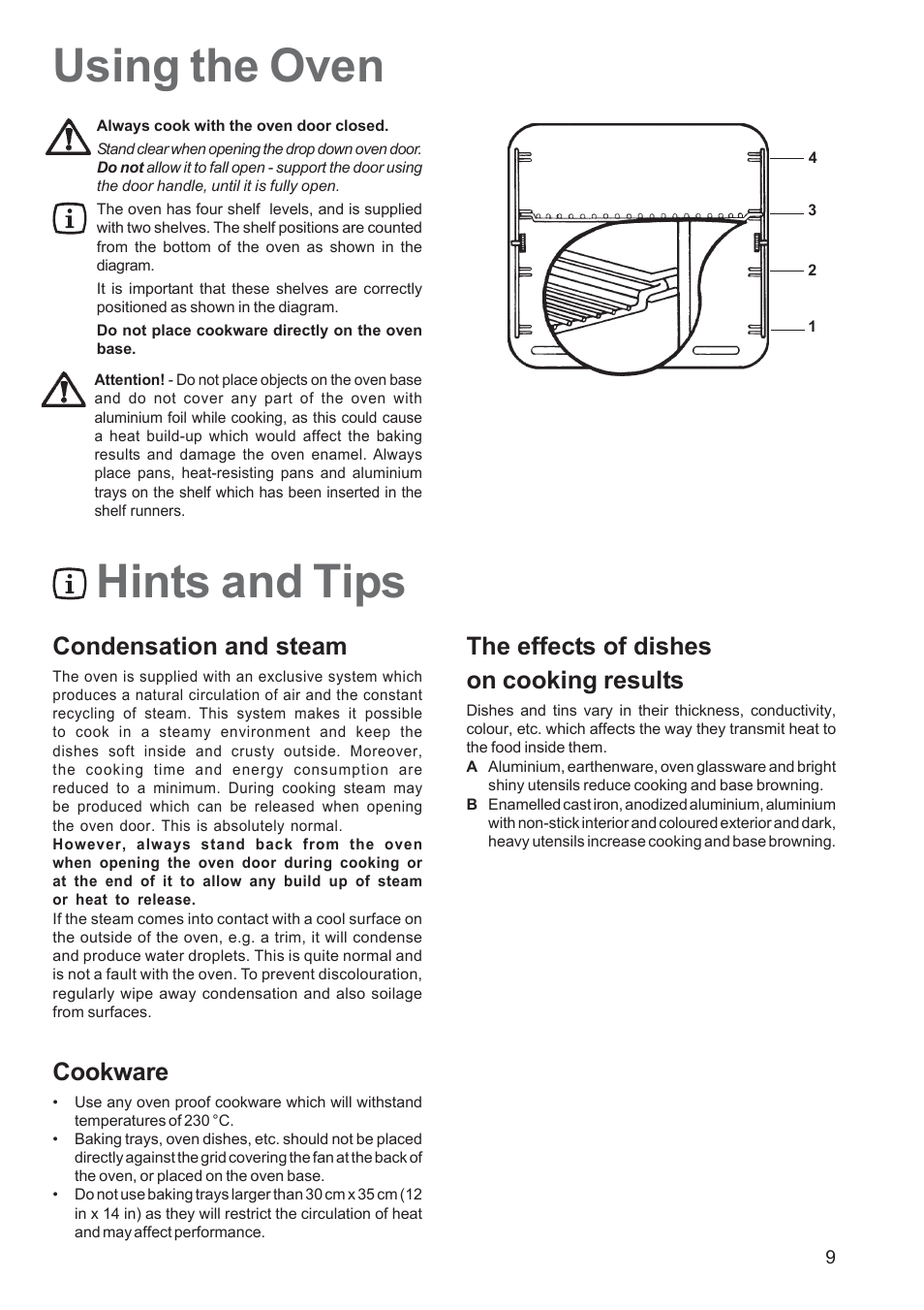 Hints and tips using the oven, Condensation and steam, Cookware | The effects of dishes on cooking results | Zanussi ZBS 663 User Manual | Page 9 / 24