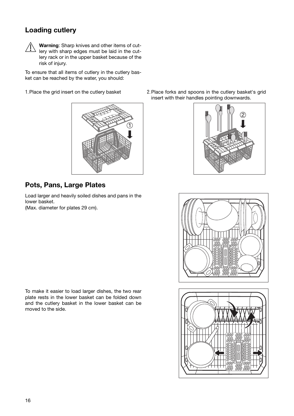 Loading cutlery, Pots, pans, large plates | Zanussi ZSF 6171 User Manual | Page 16 / 44