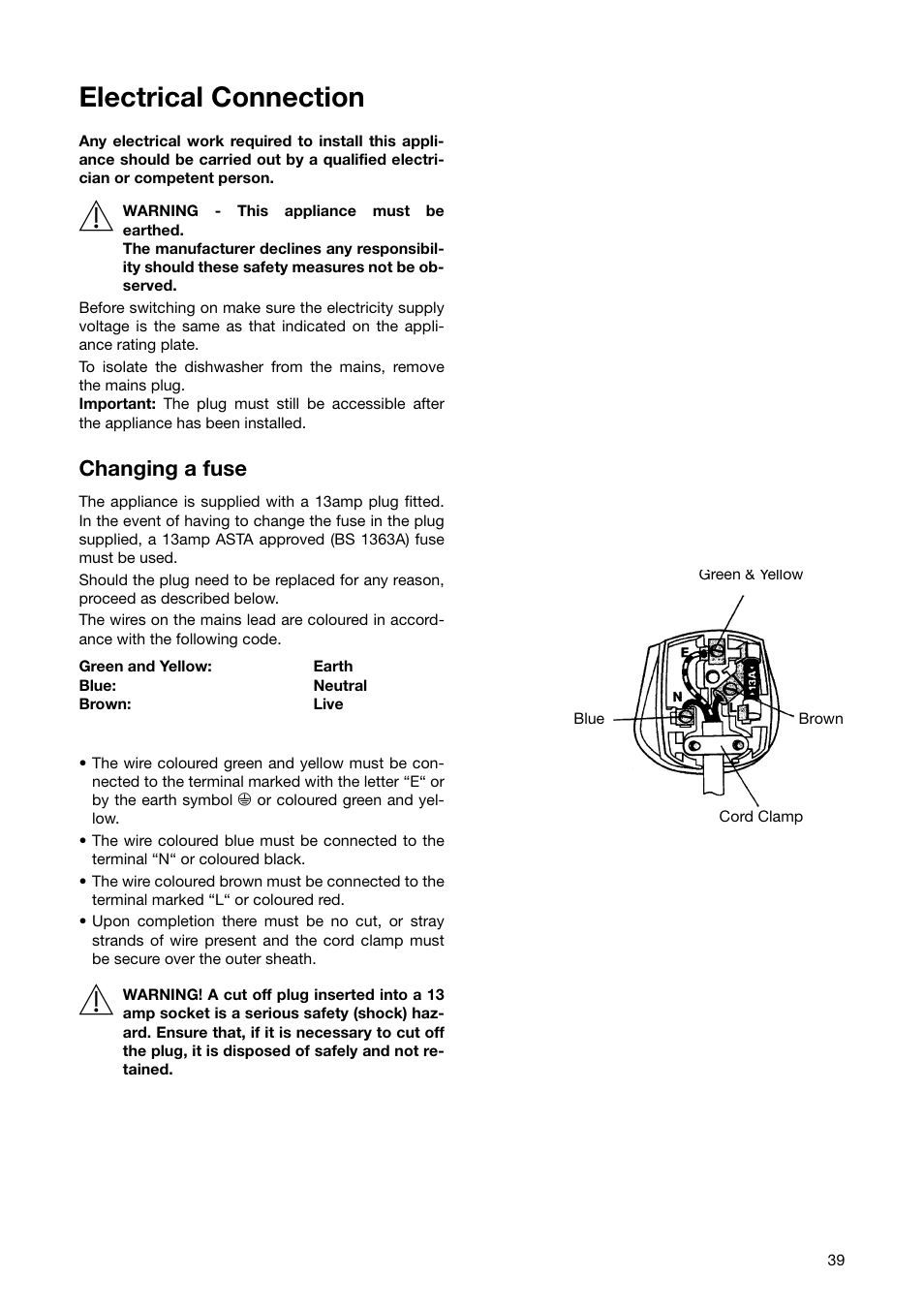 Electrical connection, Changing a fuse | Zanussi ZSF 6171 User Manual | Page 39 / 44