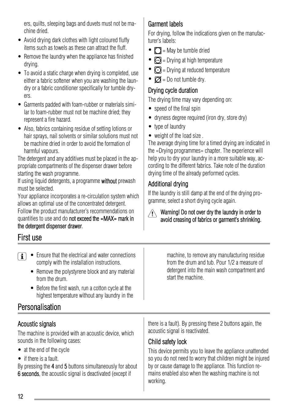 First use, Personalisation | Zanussi ZKH 2145 User Manual | Page 12 / 28