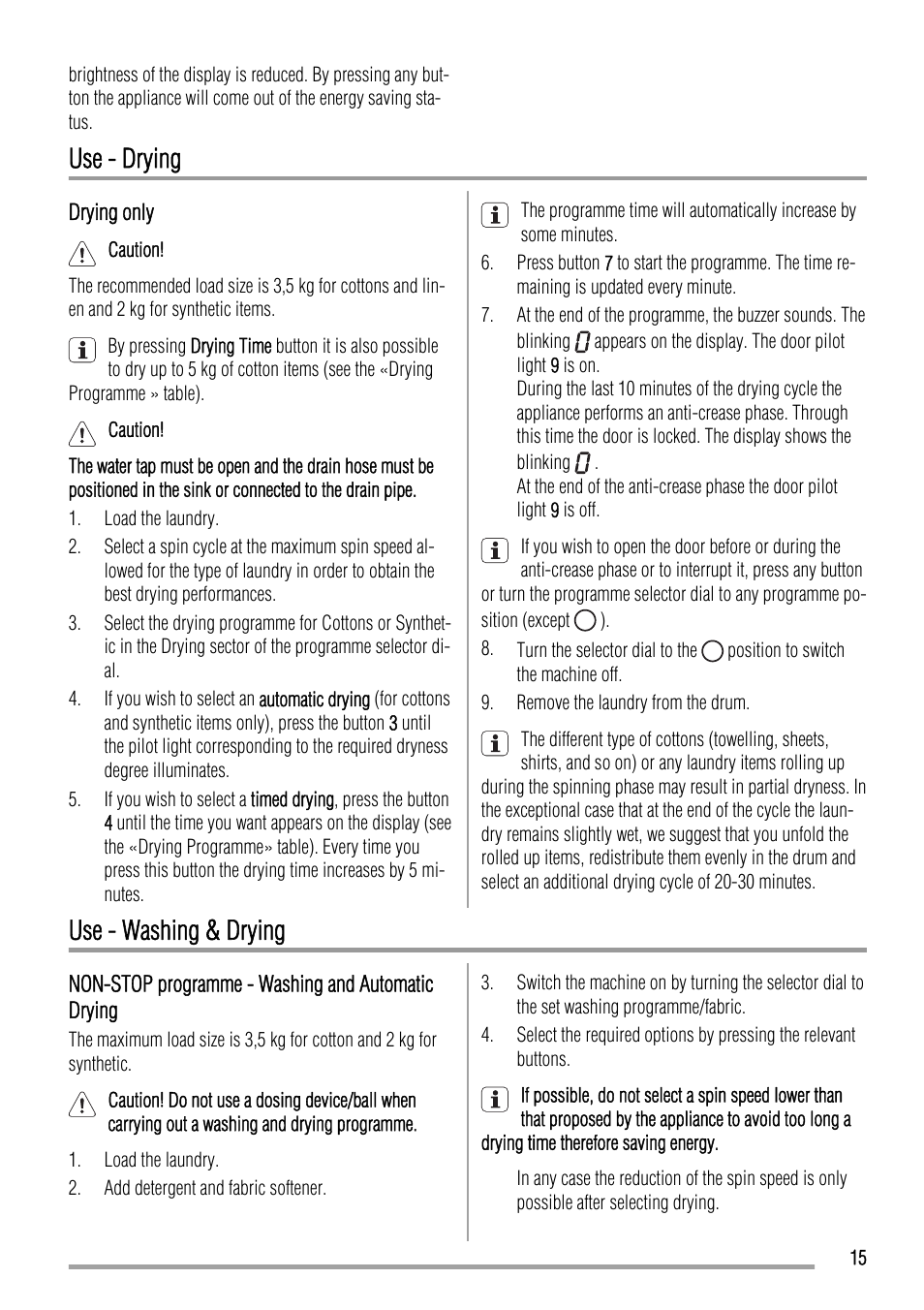 Use - drying, Use - washing & drying | Zanussi ZKH 2145 User Manual | Page 15 / 28