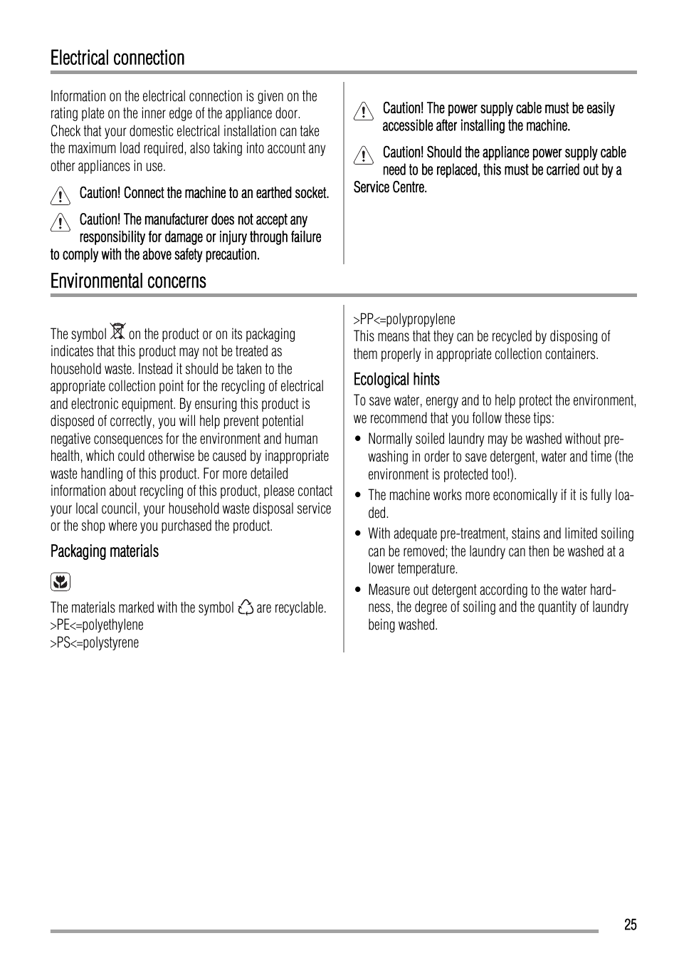 Electrical connection, Environmental concerns | Zanussi ZKH 2145 User Manual | Page 25 / 28