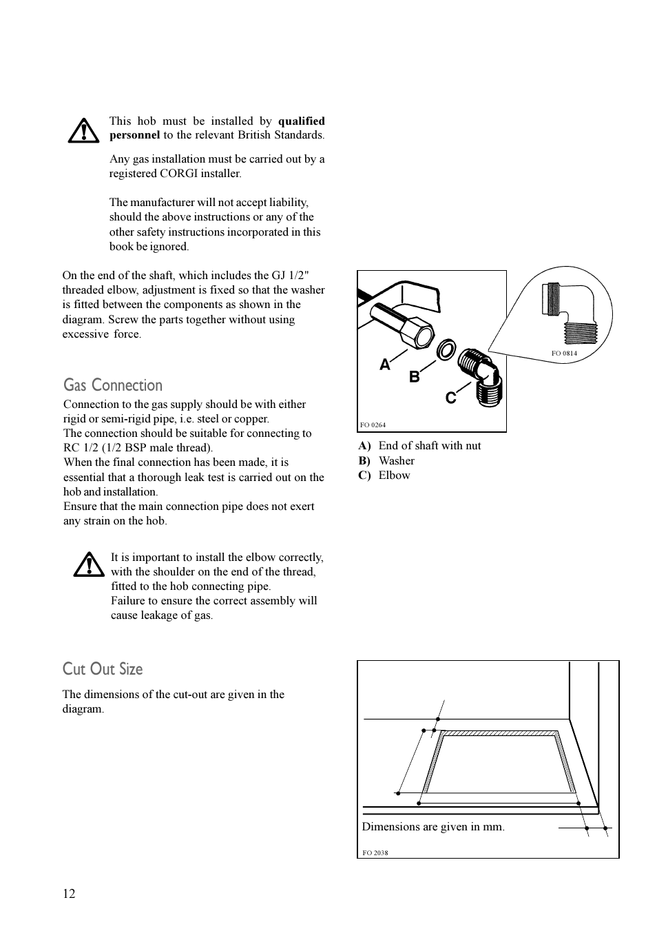 Installation, Gas connection, Cut out size | Zanussi ZGF 782 User Manual | Page 12 / 20