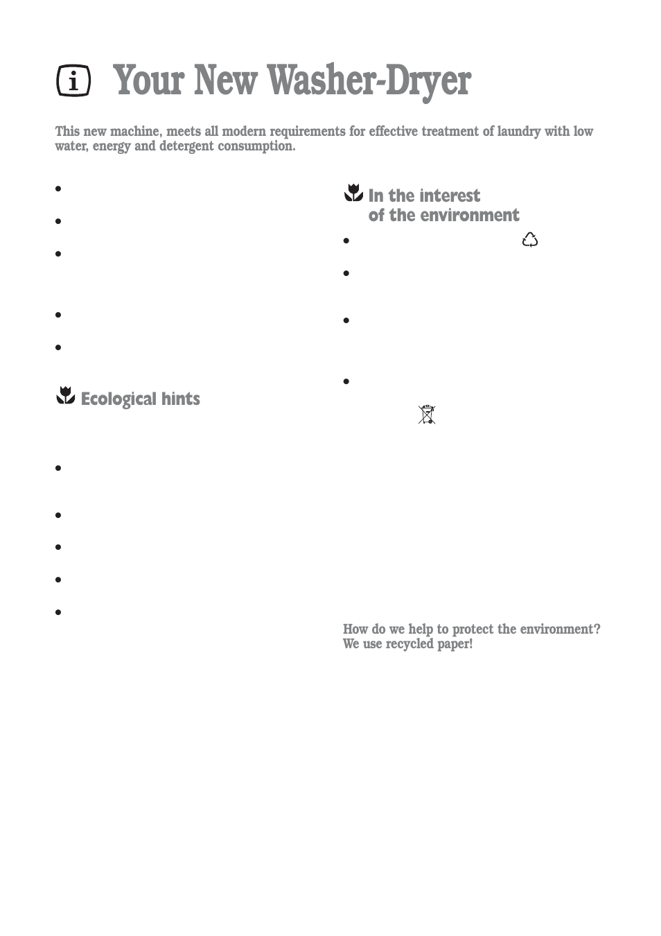 Your new washer-dryer, Ecological hints | Zanussi ZWD 1252 W User Manual | Page 4 / 30