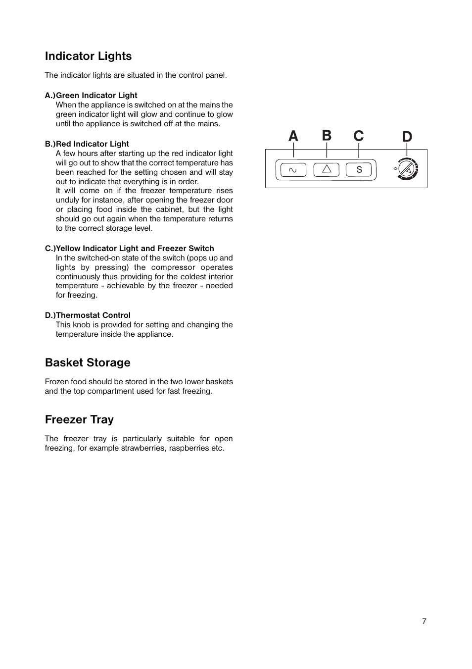 Indicator lights, Basket storage, Freezer tray | Zanussi ZUT 113S User Manual | Page 7 / 20