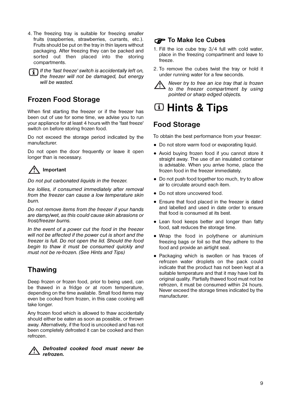 Hints & tips, Frozen food storage, Thawing | Food storage | Zanussi ZUT 113S User Manual | Page 9 / 20