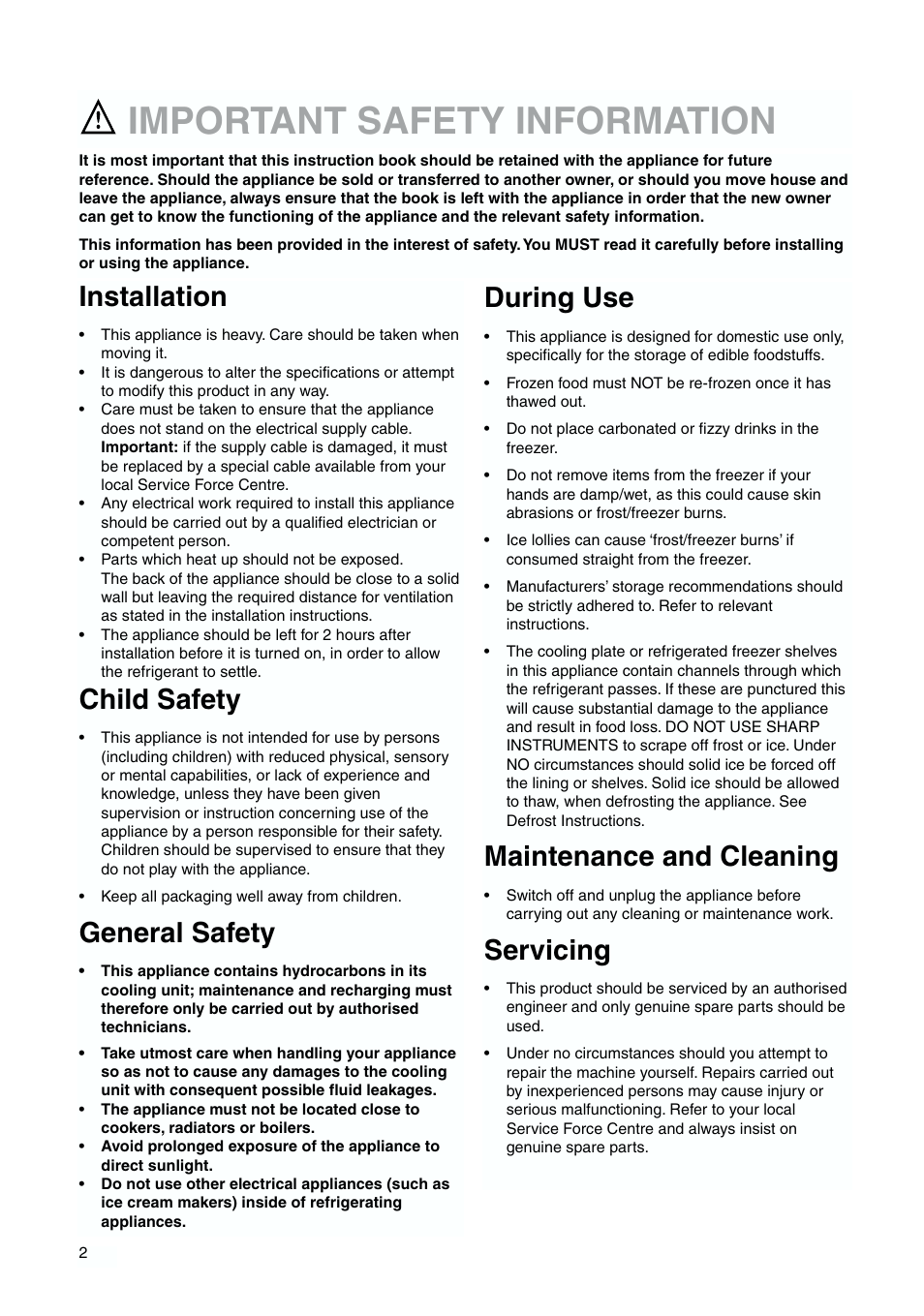 Important safety information, Installation, Child safety | General safety, During use, Maintenance and cleaning, Servicing | Zanussi 2223 265-44 User Manual | Page 2 / 20