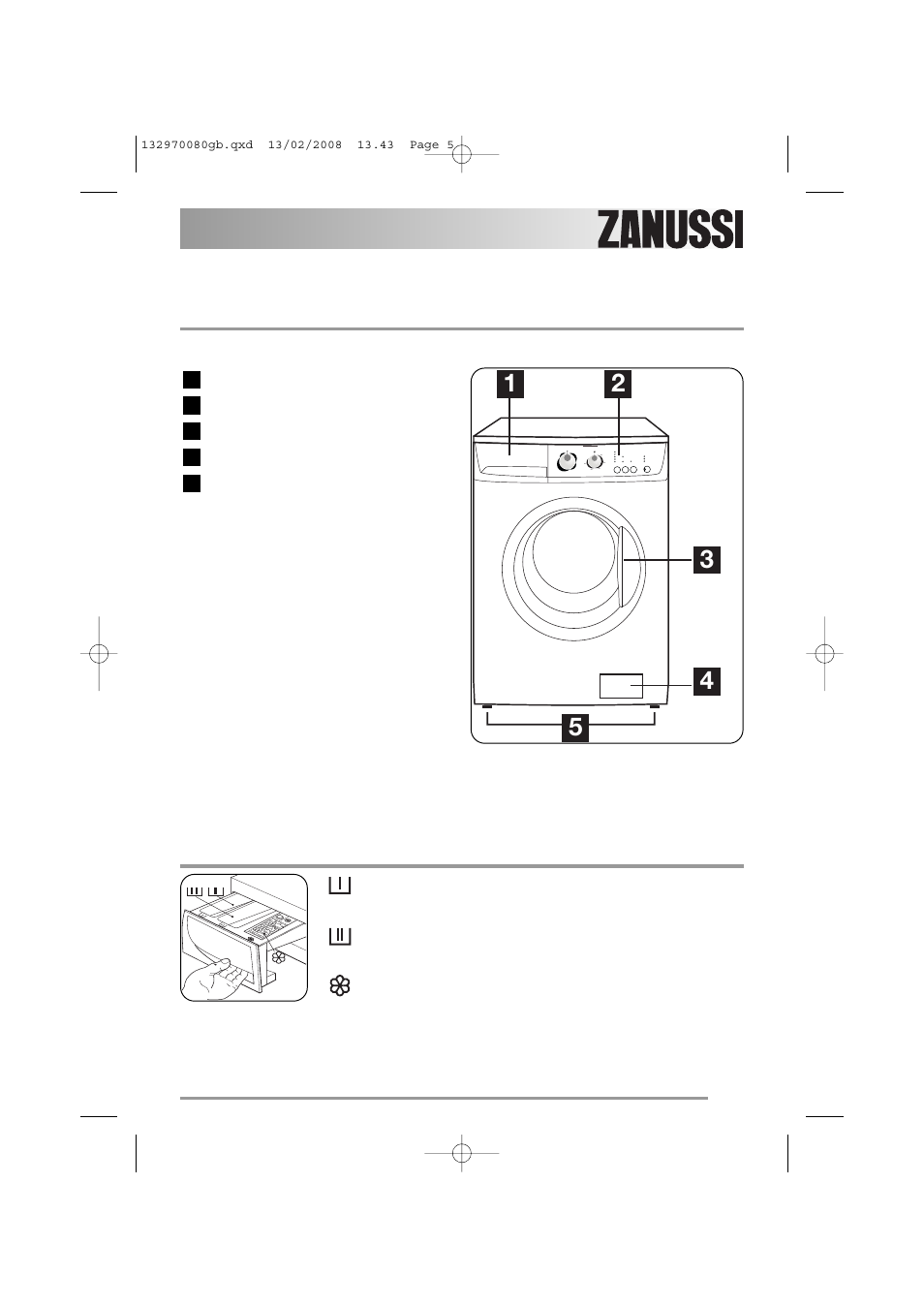 Description of the appliance, Detergent dispenser drawer | Zanussi ZWF 385 User Manual | Page 5 / 26