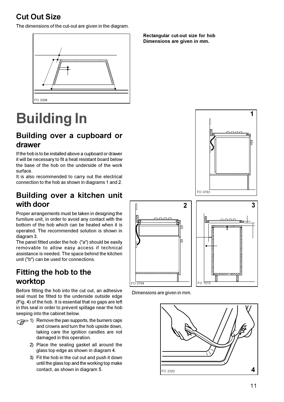 Building in, Cut out size, Building over a cupboard or drawer | Building over a kitchen unit with door, Fitting the hob to the worktop | Zanussi ZGG642C User Manual | Page 11 / 16