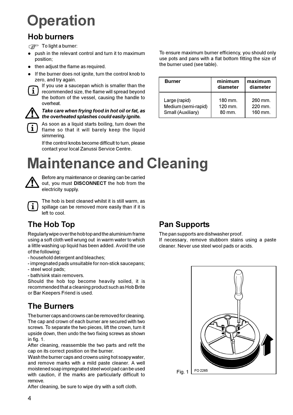 Operation, Maintenance and cleaning, Hob burners | The hob top, The burners, Pan supports | Zanussi ZGG642C User Manual | Page 4 / 16