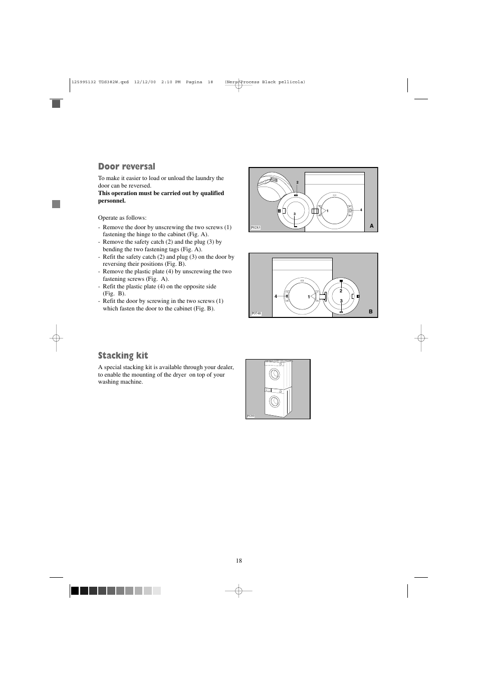 Door reversal, Stacking kit | Zanussi TDS 382 W User Manual | Page 18 / 20