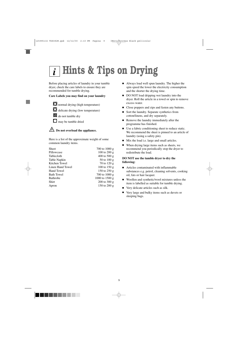 Hints & tips on drying | Zanussi TDS 382 W User Manual | Page 9 / 20