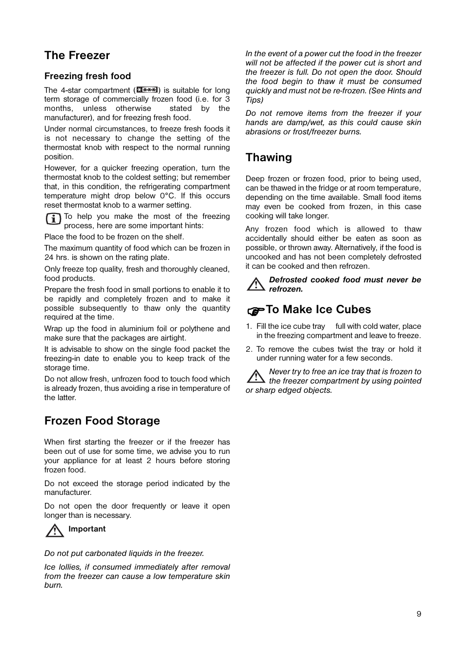 The freezer, Frozen food storage, Thawing | Zanussi ZRD 185W1 User Manual | Page 9 / 20
