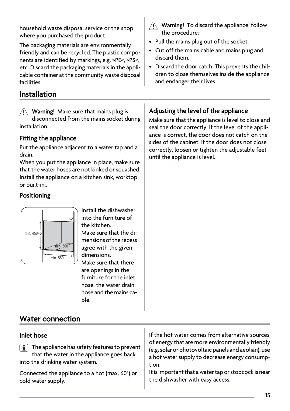 Installation, Water connection | Zanussi ZSF2450 User Manual | Page 15 / 20