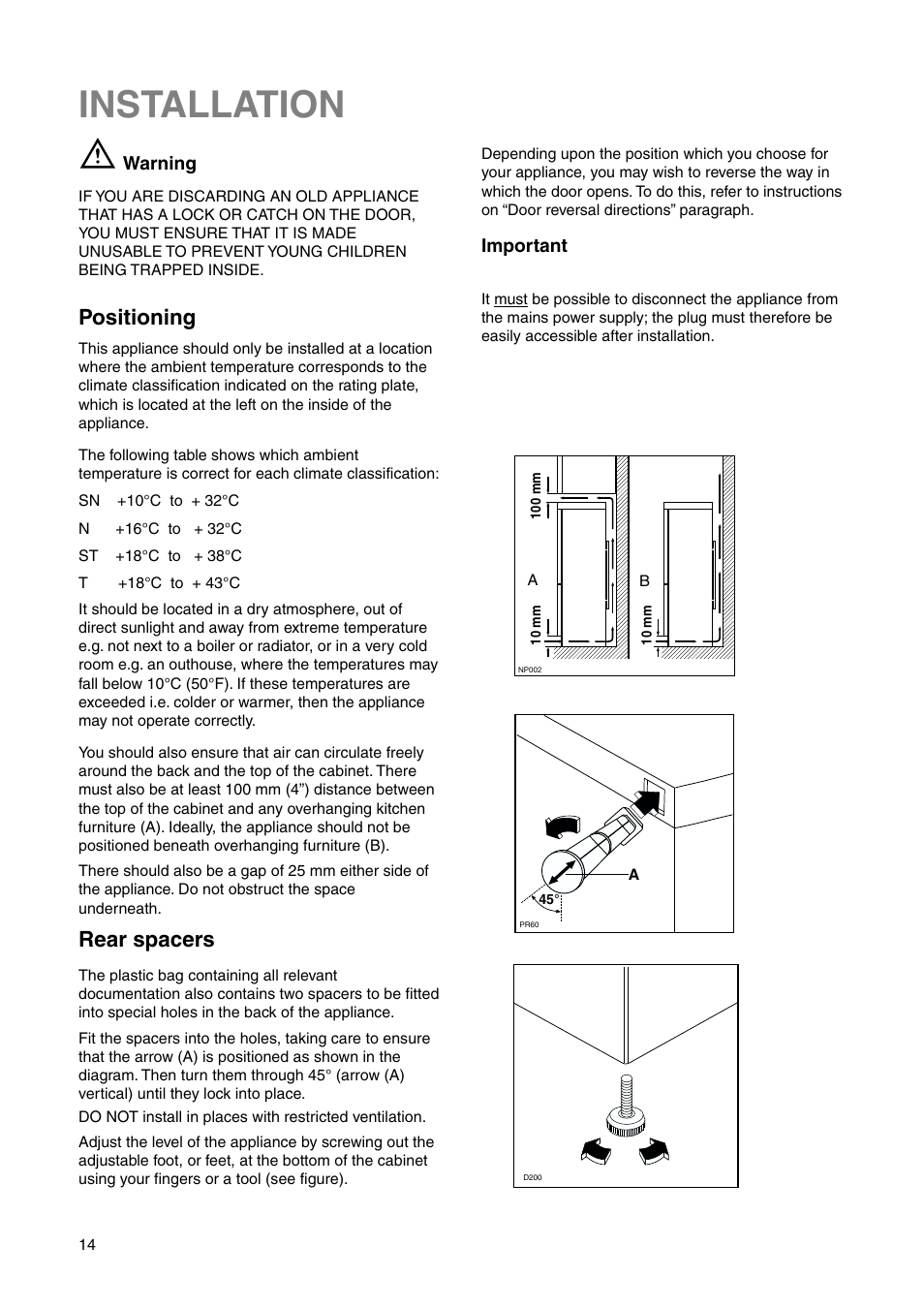 Installation, Positioning, Rear spacers | Zanussi ZRB 7725 W User Manual | Page 14 / 20