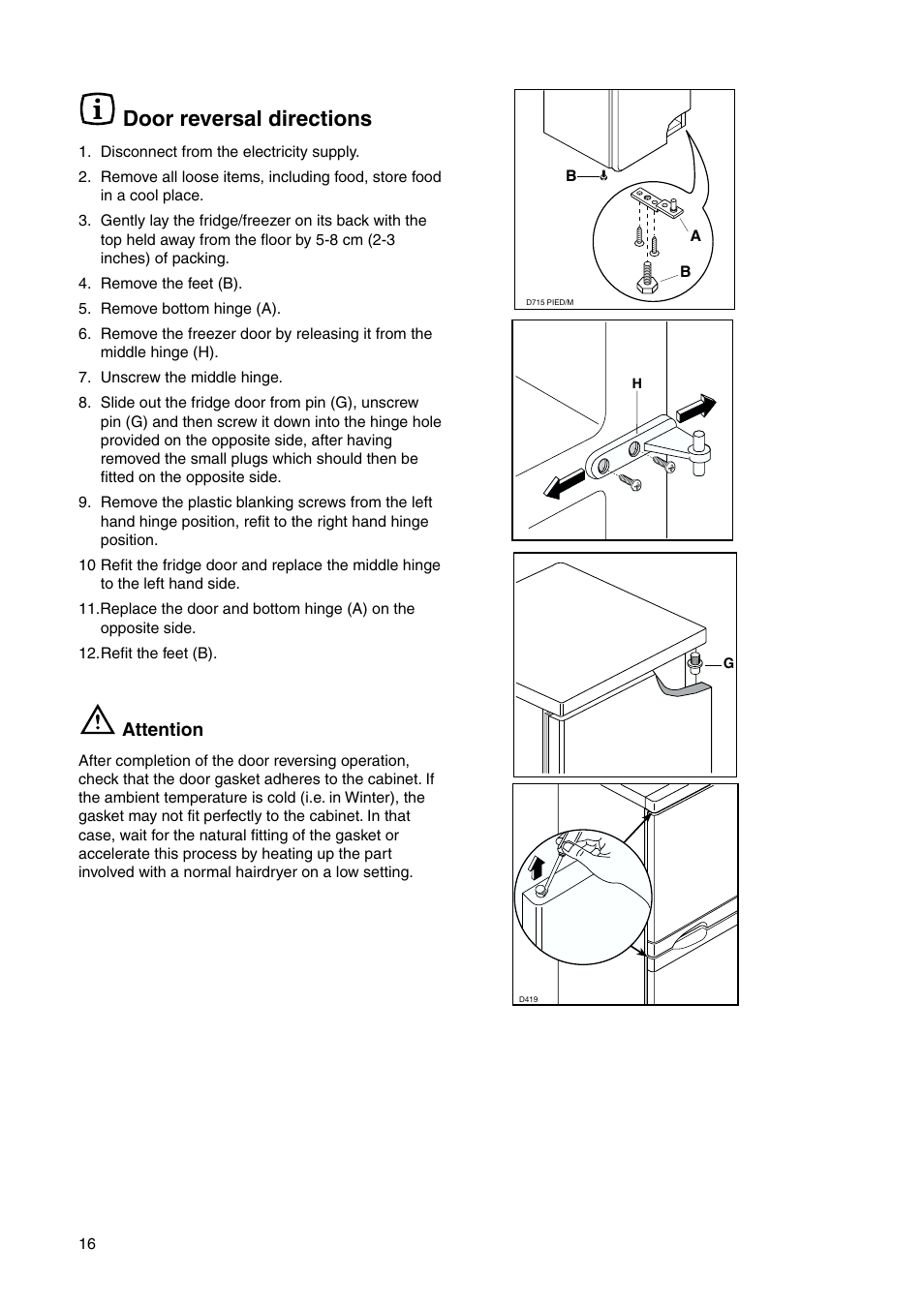 Door reversal directions | Zanussi ZRB 7725 W User Manual | Page 16 / 20