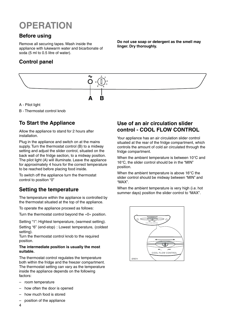 Operation, Before using, Setting the temperature | Control panel | Zanussi ZRB 7725 W User Manual | Page 4 / 20