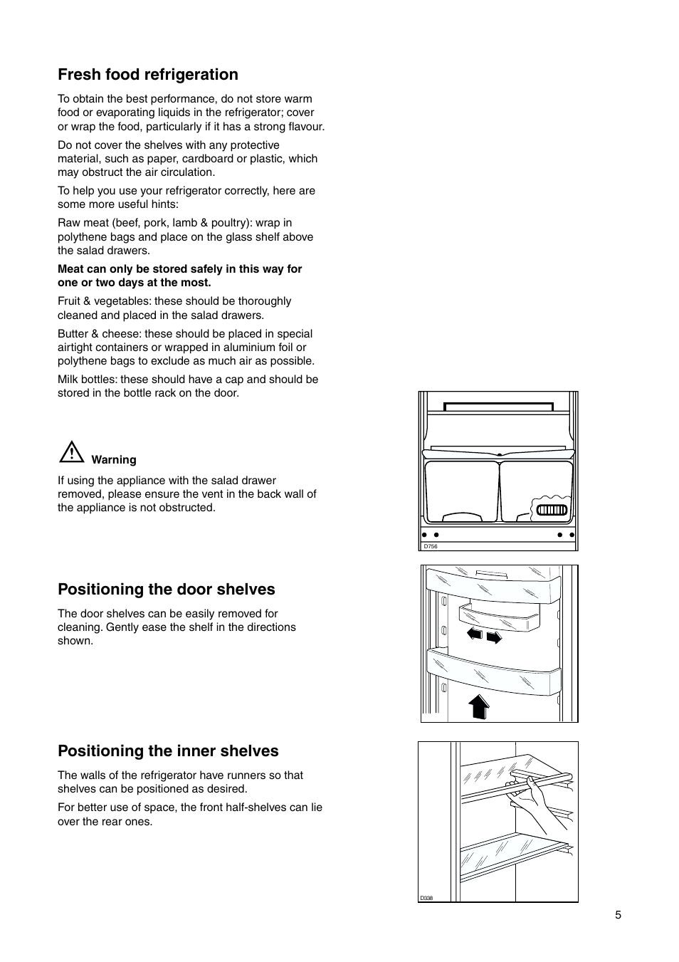 Positioning the door shelves, Fresh food refrigeration, Positioning the inner shelves | Zanussi ZRB 7725 W User Manual | Page 5 / 20