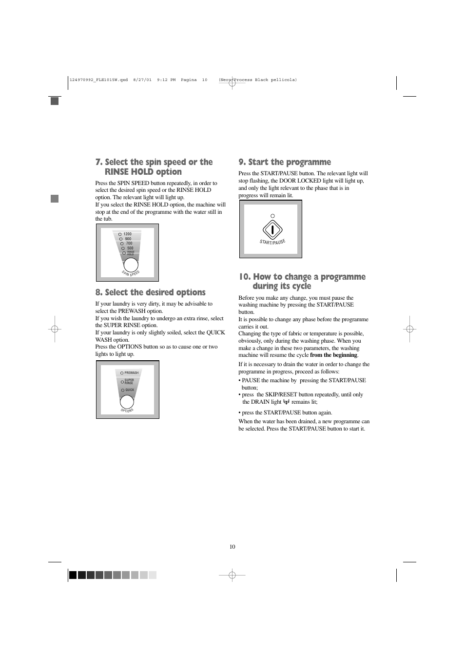Select the spin speed or the rinse hold option, Select the desired options, Start the programme | How to change a programme during its cycle | Zanussi FLE1015W User Manual | Page 10 / 28