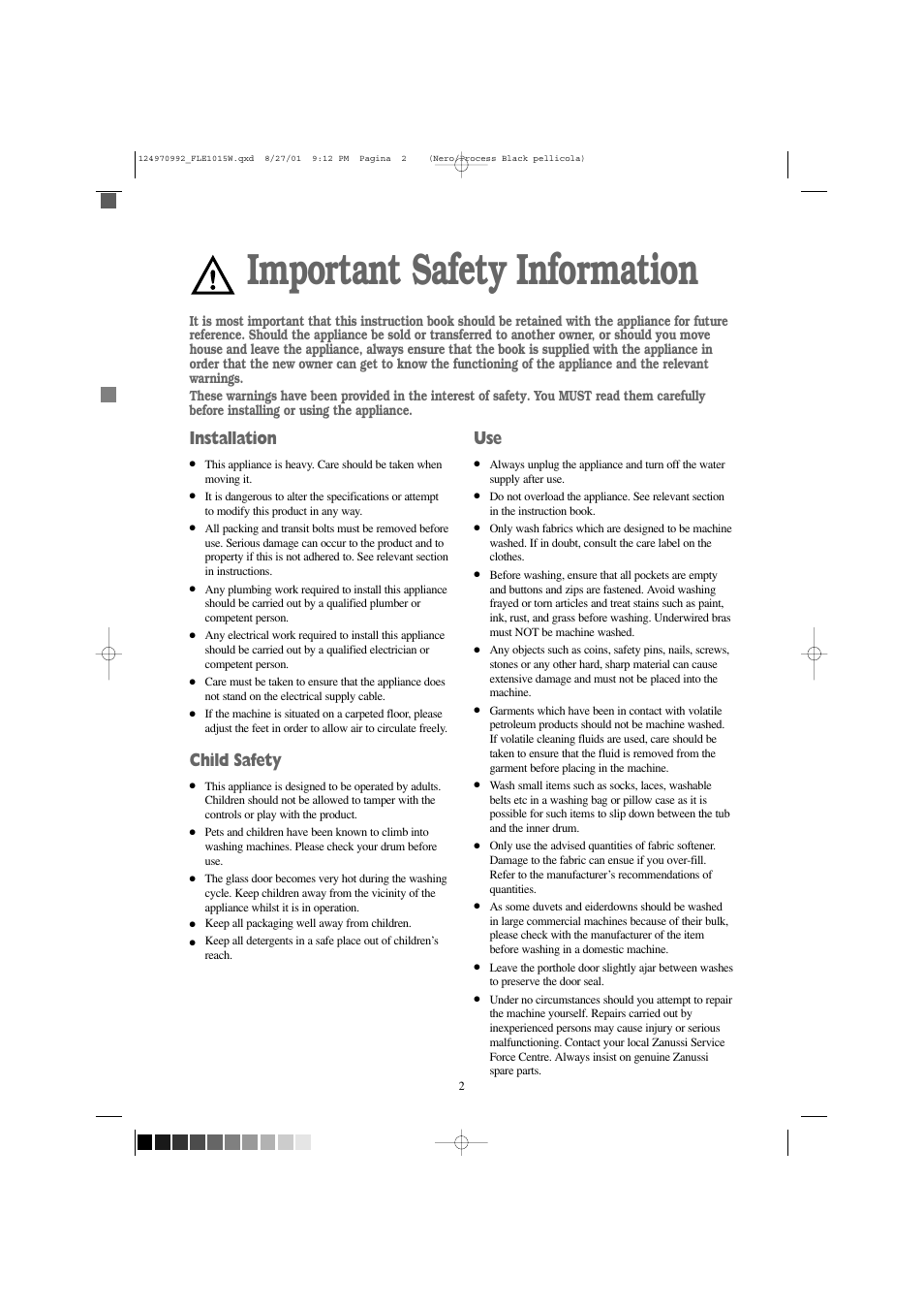 Important safety information, Installation, Child safety | Zanussi FLE1015W User Manual | Page 2 / 28