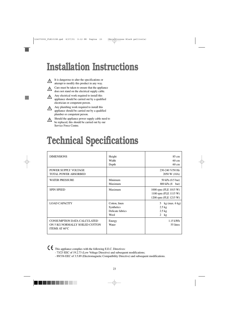 Installation instructions technical specifications | Zanussi FLE1015W User Manual | Page 23 / 28