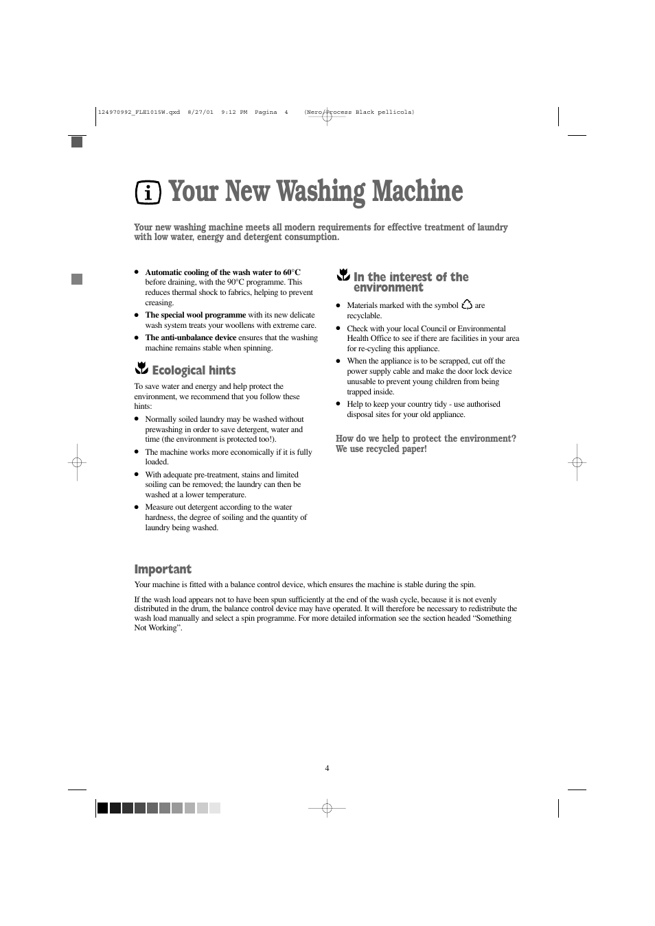 Your new washing machine, Ecological hints, Important | Zanussi FLE1015W User Manual | Page 4 / 28