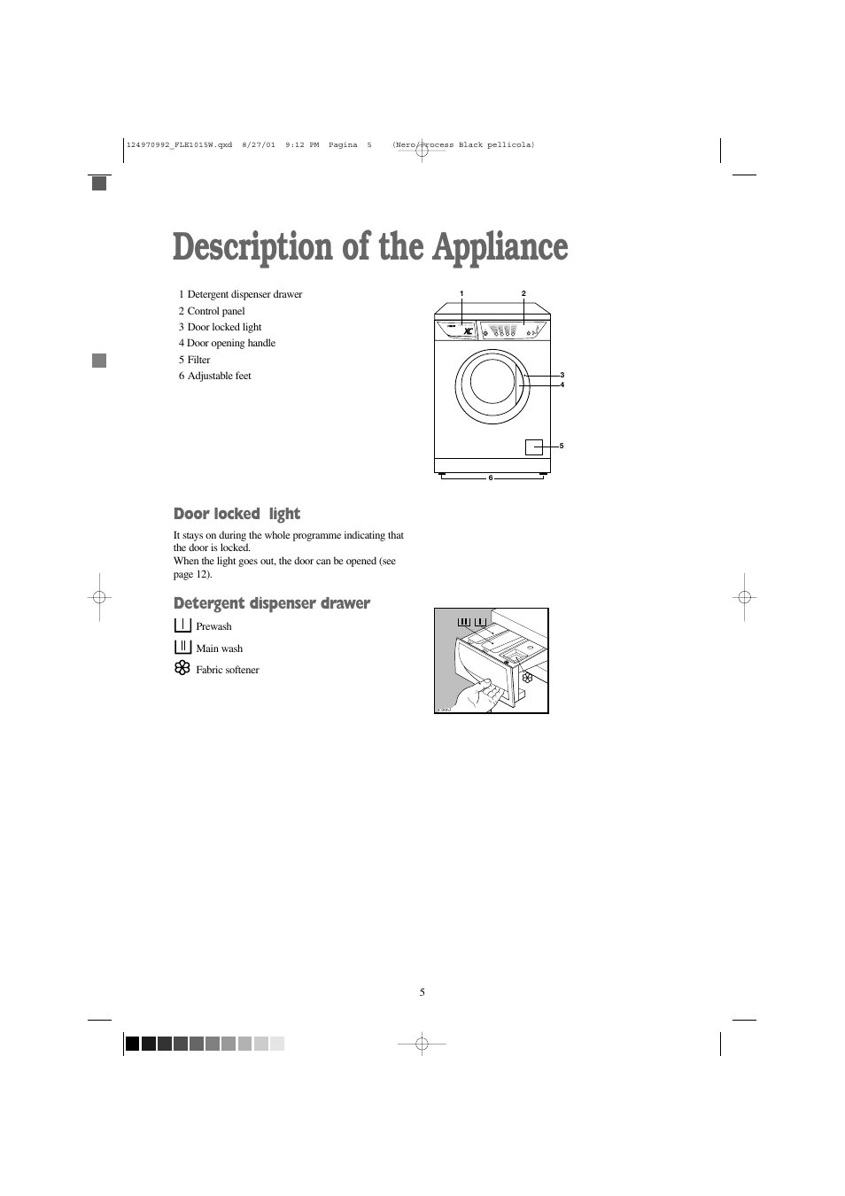 Description of the appliance, Door locked light, Detergent dispenser drawer | Zanussi FLE1015W User Manual | Page 5 / 28