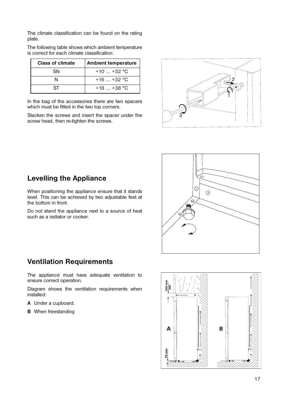 Levelling the appliance, Ventilation requirements | Zanussi ZRB 8441 W User Manual | Page 17 / 24