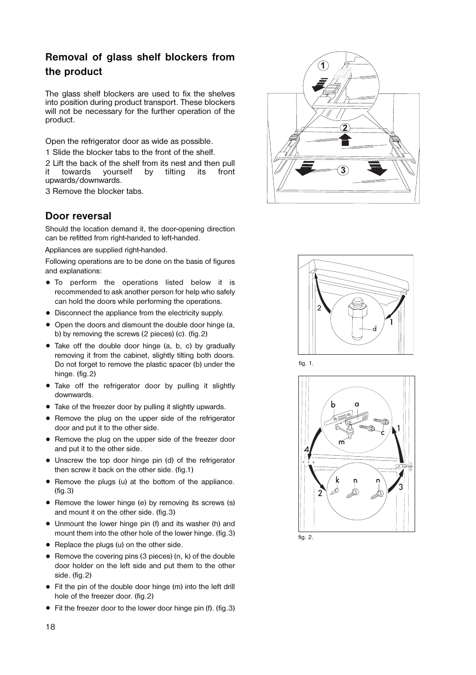 Removal of glass shelf blockers from the product, Door reversal | Zanussi ZRB 8441 W User Manual | Page 18 / 24