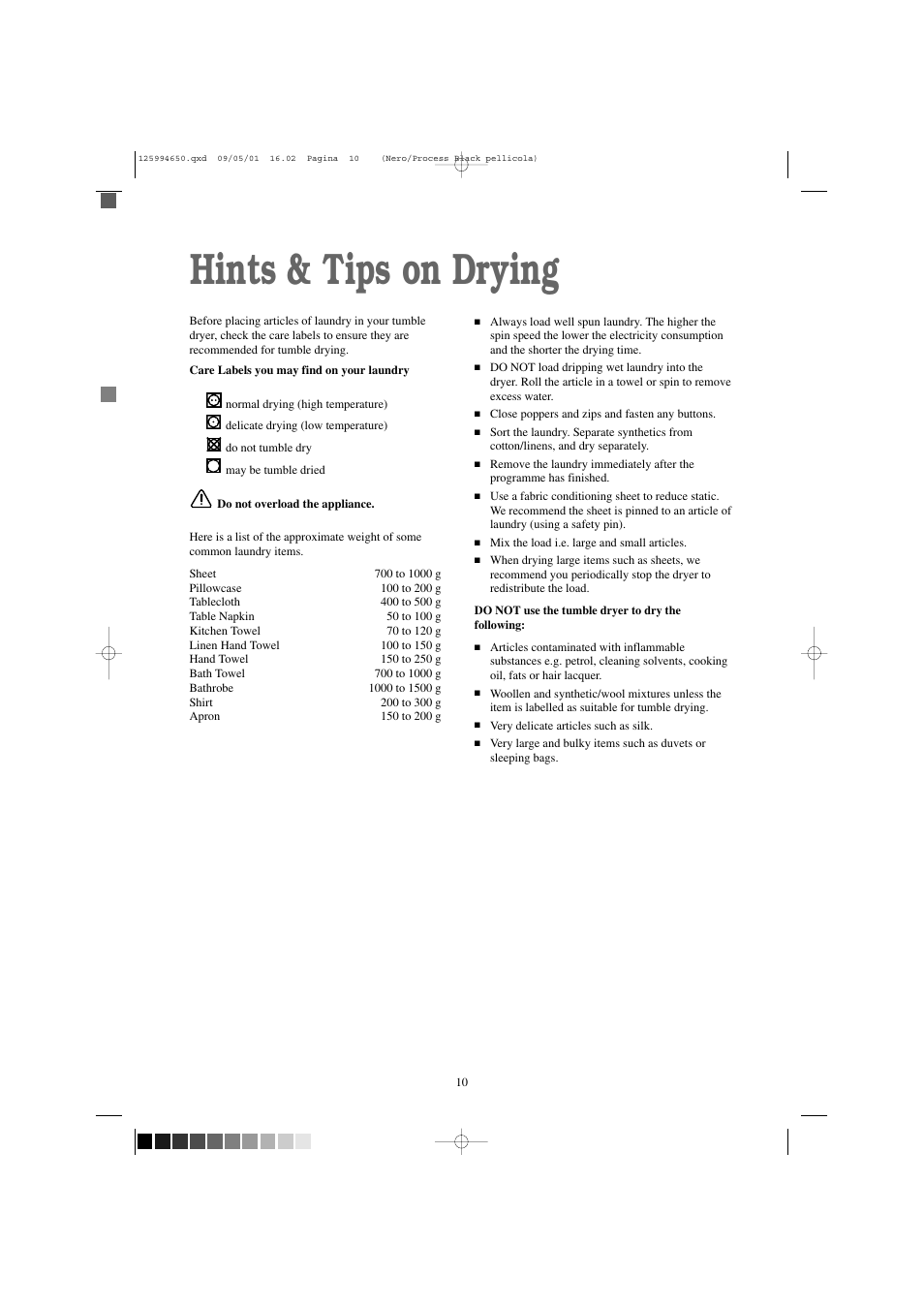 Hints & tips on drying | Zanussi TCS 675 EW User Manual | Page 10 / 19