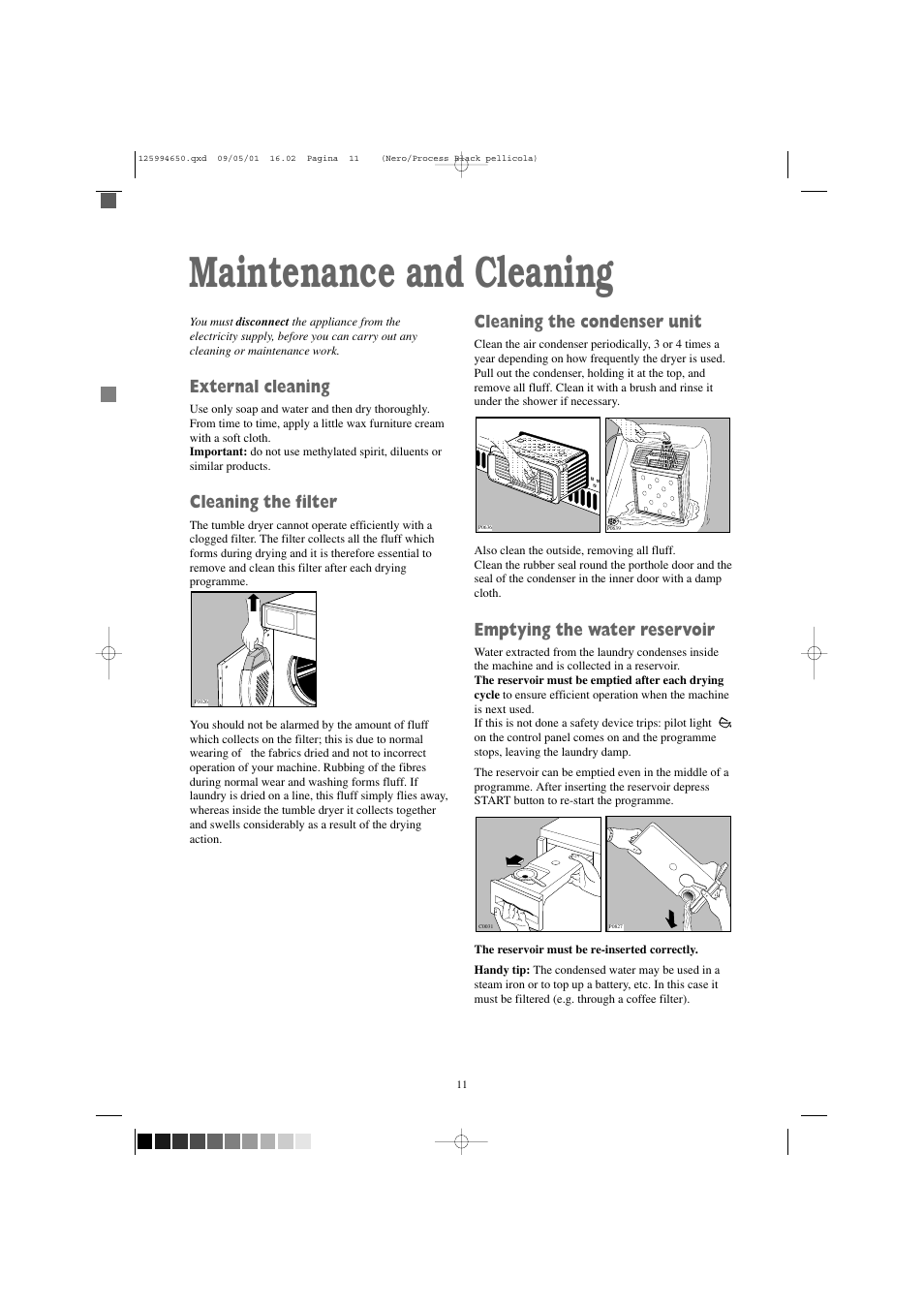 Maintenance and cleaning, External cleaning, Cleaning the filter | Cleaning the condenser unit, Emptying the water reservoir | Zanussi TCS 675 EW User Manual | Page 11 / 19