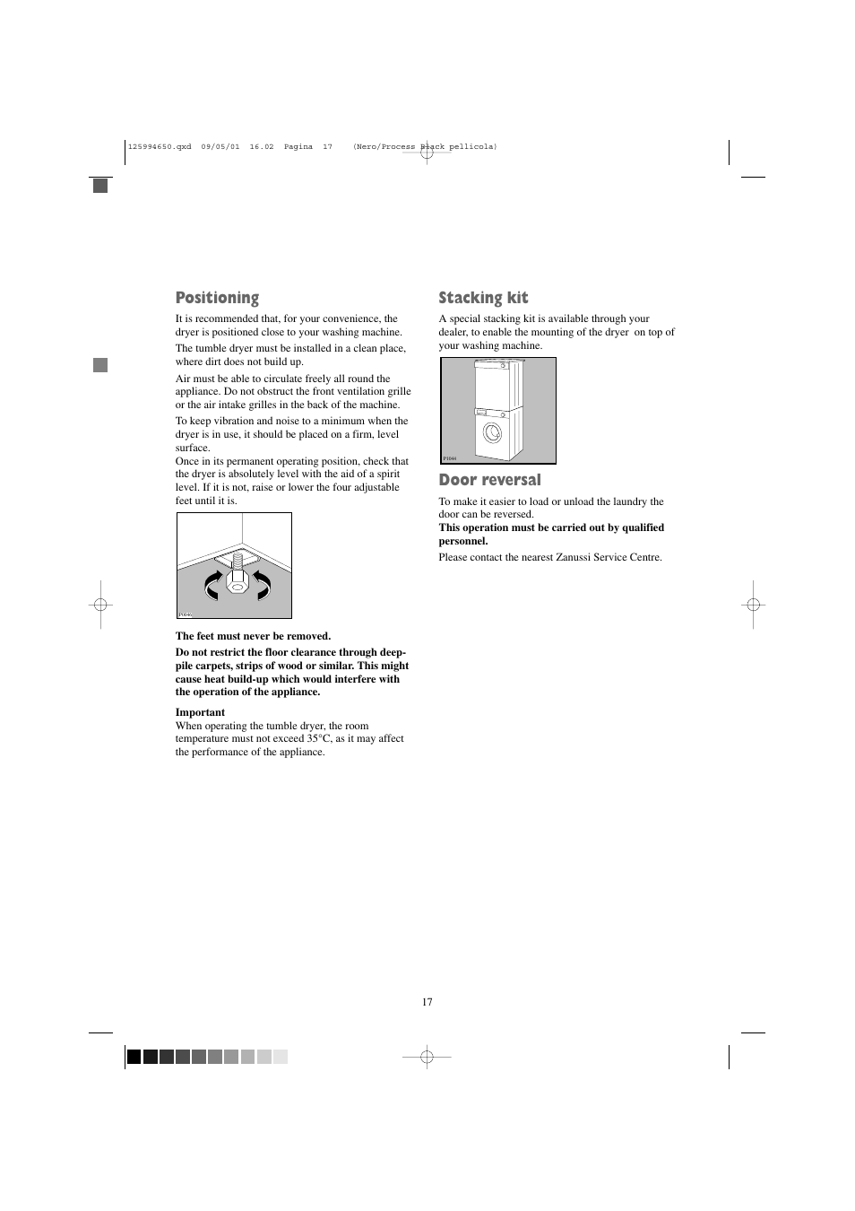Positioning, Stacking kit, Door reversal | Zanussi TCS 675 EW User Manual | Page 17 / 19