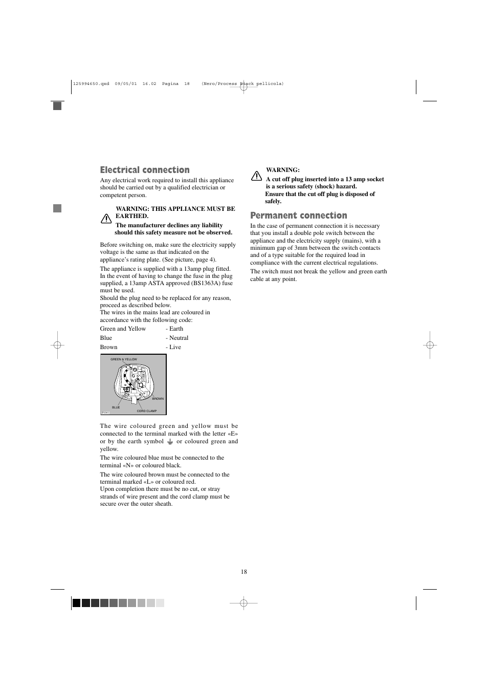 Electrical connection, Permanent connection | Zanussi TCS 675 EW User Manual | Page 18 / 19