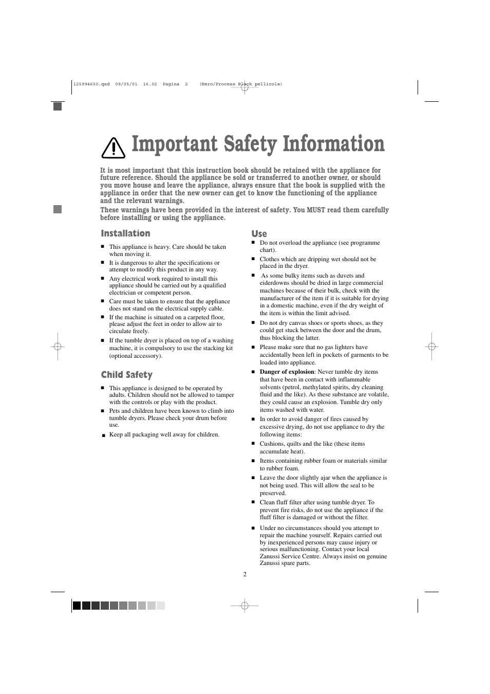Important safety information, Installation, Child safety | Zanussi TCS 675 EW User Manual | Page 2 / 19