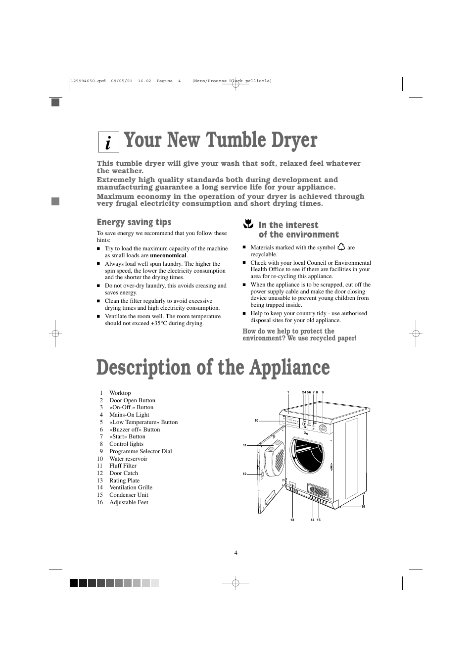 Description of the appliance, Your new tumble dryer, Energy saving tips | Zanussi TCS 675 EW User Manual | Page 4 / 19