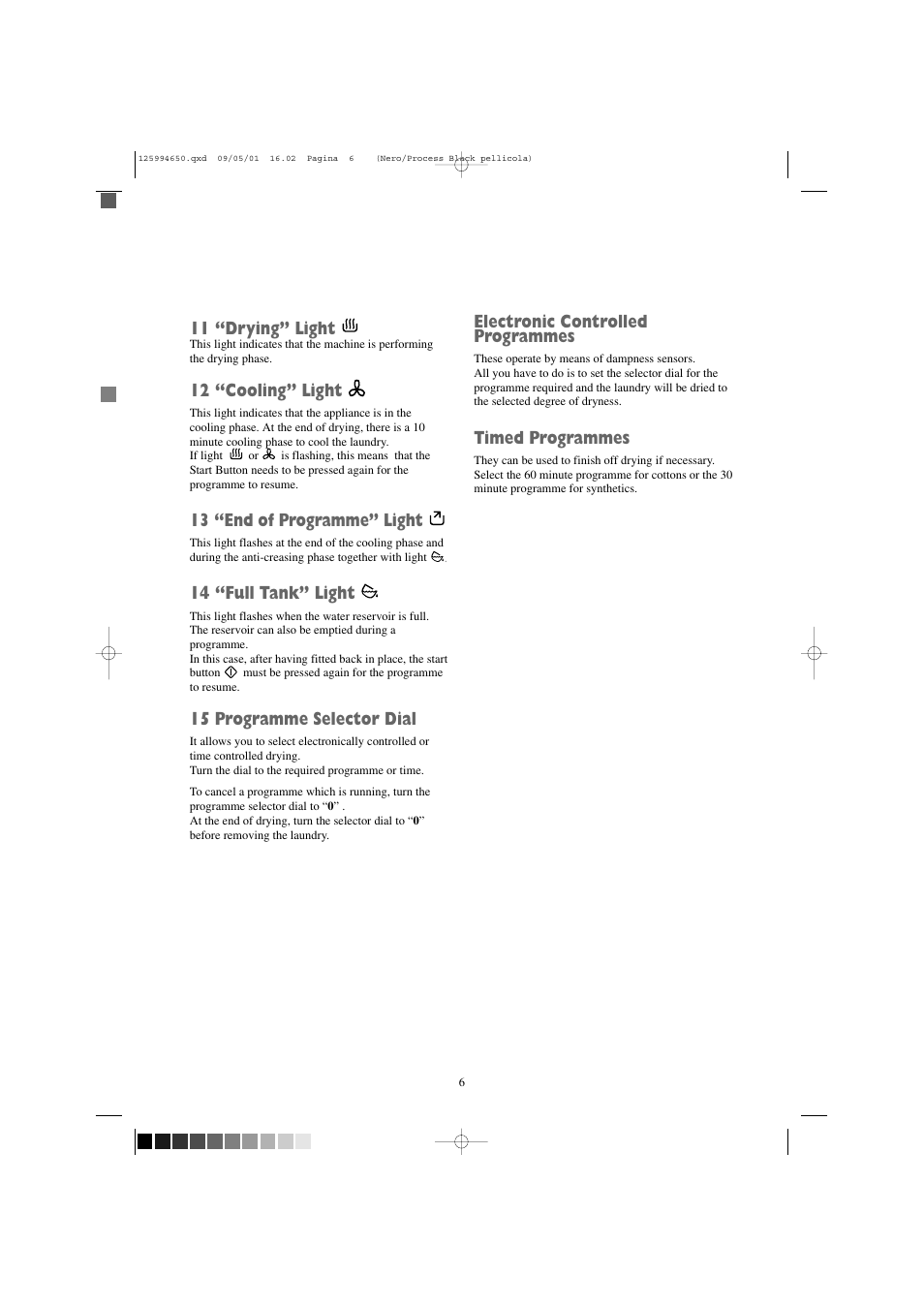 11 “drying” light, 12 “cooling” light, 13 “end of programme” light | 14 “full tank” light, 15 programme selector dial, Electronic controlled programmes, Timed programmes | Zanussi TCS 675 EW User Manual | Page 6 / 19