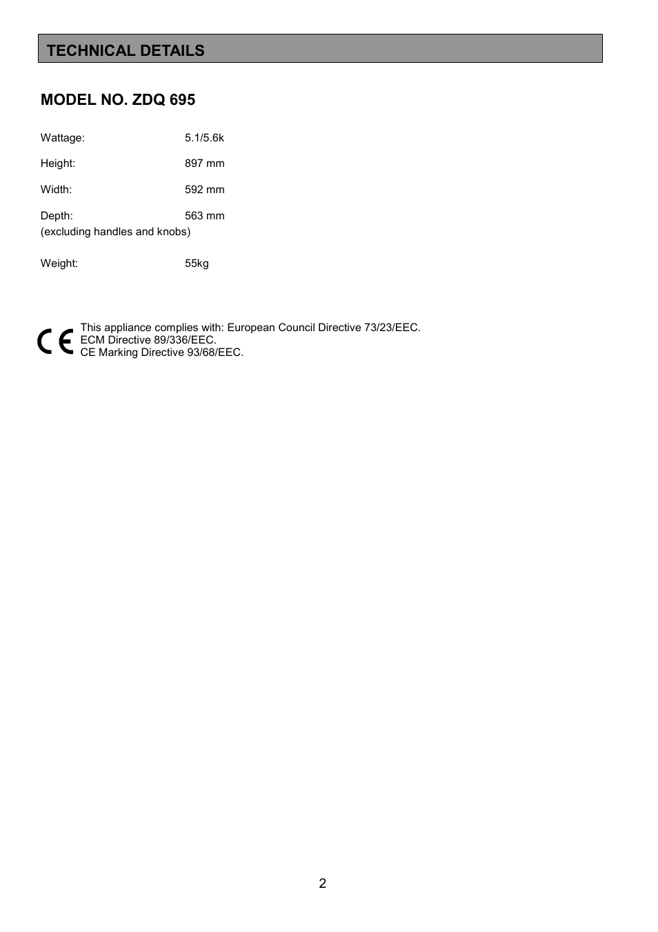 Model no. zdq 695, Technical details | Zanussi ZDQ 695 User Manual | Page 2 / 44