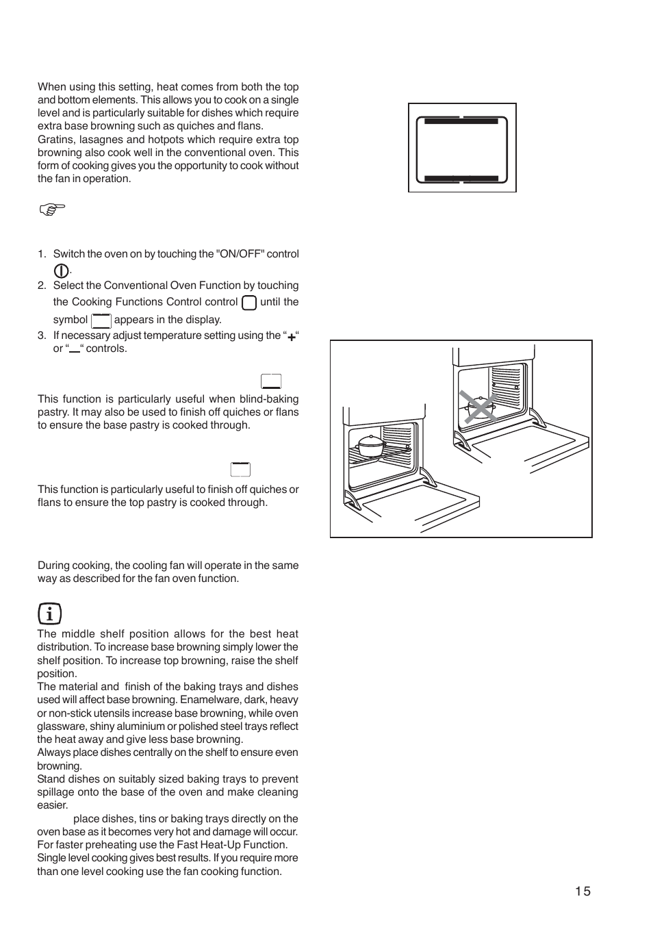The conventional oven, How to use the conventional oven, Bottom oven element only | Top oven element only, Hints and tips | Zanussi ZBP 1165 User Manual | Page 15 / 36