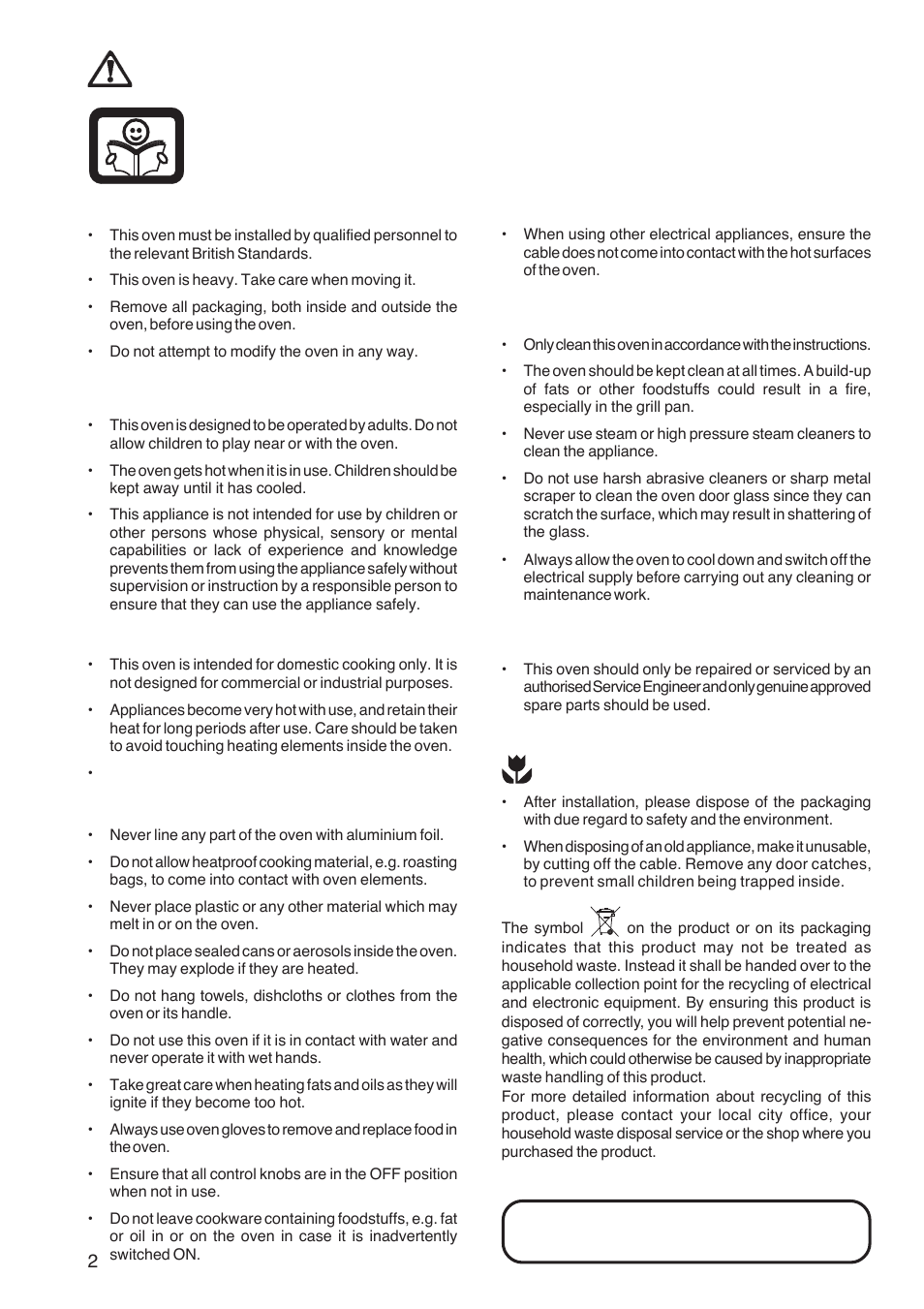 Important safety information, Installation, Child safety | During use, Maintenance and cleaning, Service, Environmental information | Zanussi ZBP 1165 User Manual | Page 2 / 36