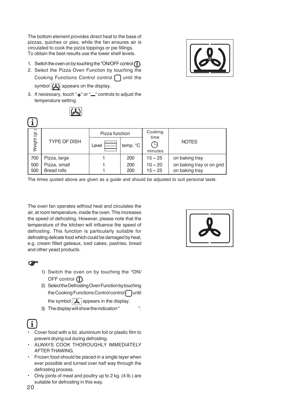 Pizza oven, Defrosting, How to use defrosting | Hints and tips | Zanussi ZBP 1165 User Manual | Page 20 / 36