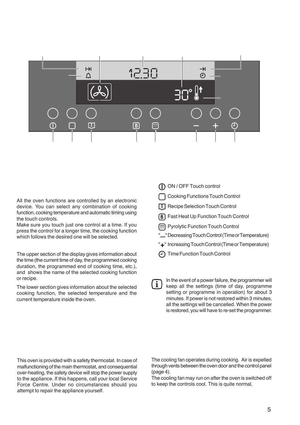 The oven electronic control, The oven safety devices, The safety thermostat | The cooling fan, The oven electronic controls, General features of the oven electronic control | Zanussi ZBP 1165 User Manual | Page 5 / 36