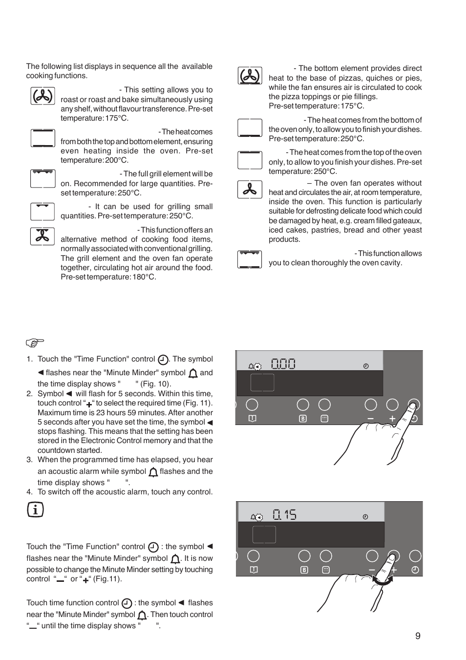 Cooking functions, Programming the oven, How to set the minute minder | Zanussi ZBP 1165 User Manual | Page 9 / 36