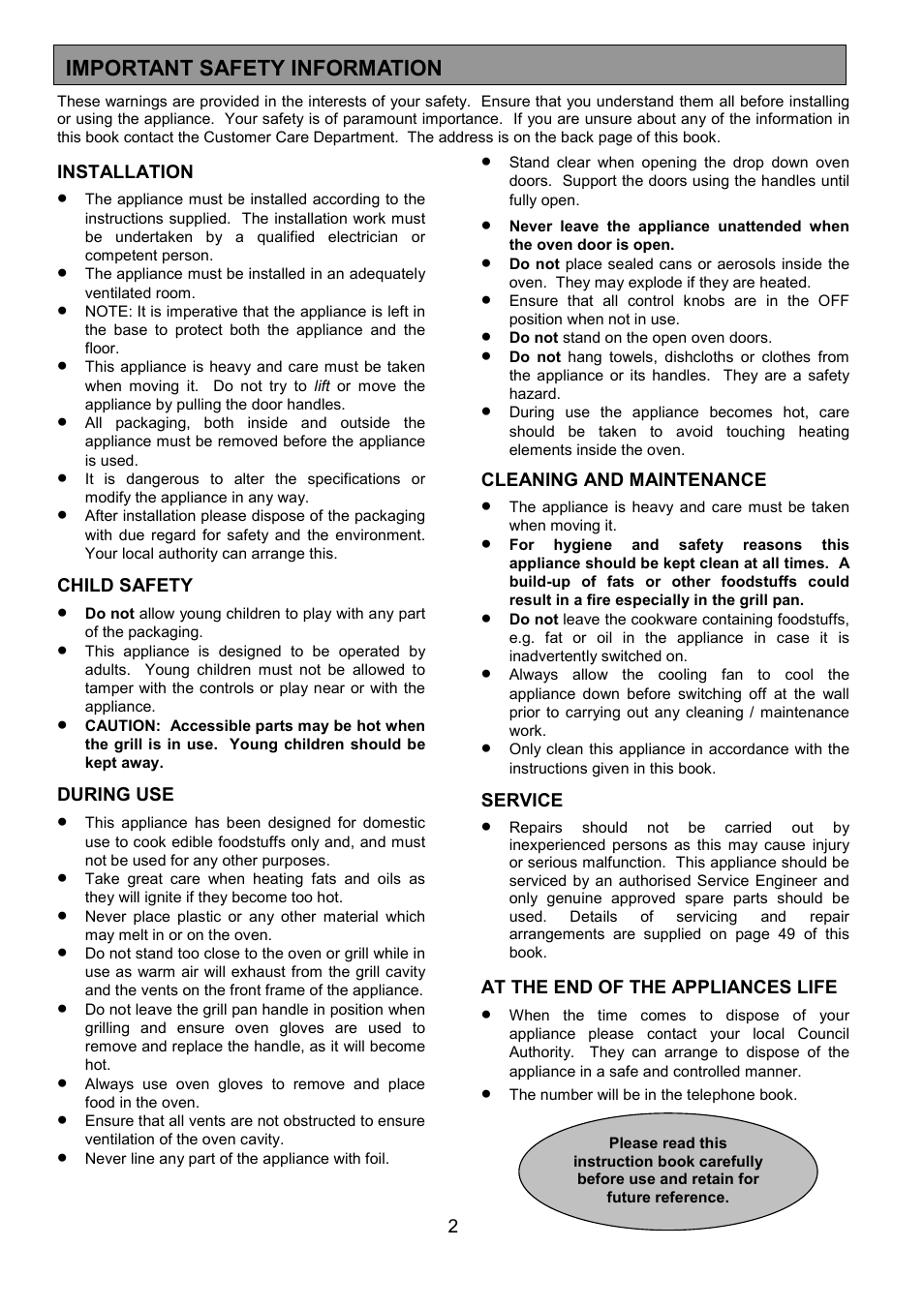Important safety information | Zanussi 311608901 User Manual | Page 2 / 60