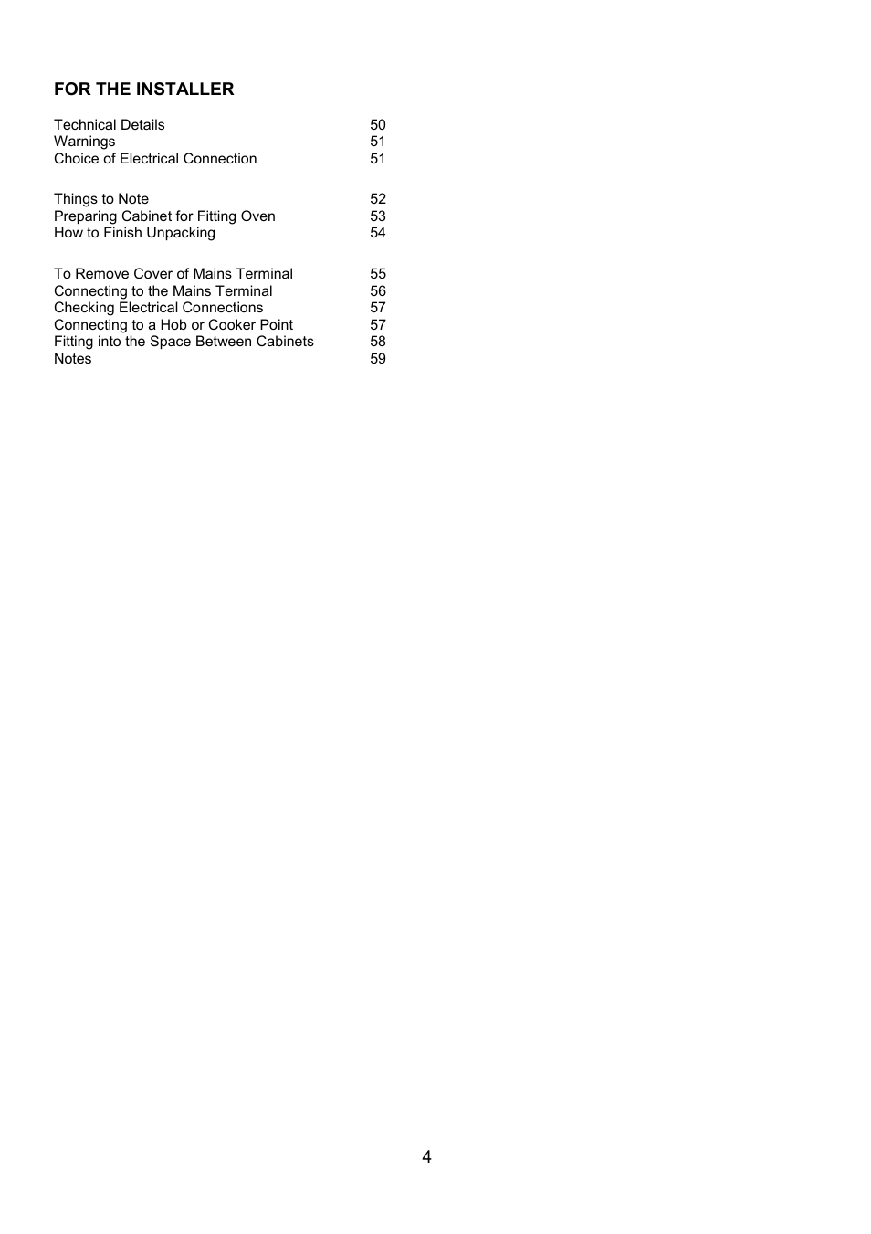 4for the installer | Zanussi 311608901 User Manual | Page 4 / 60