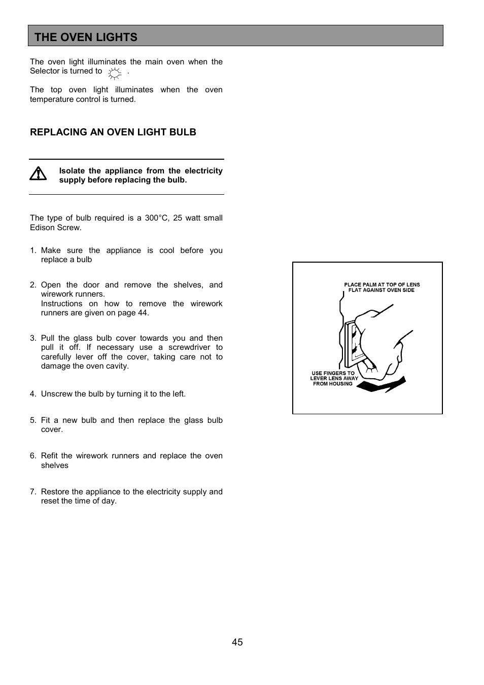 The oven lights | Zanussi 311608901 User Manual | Page 45 / 60