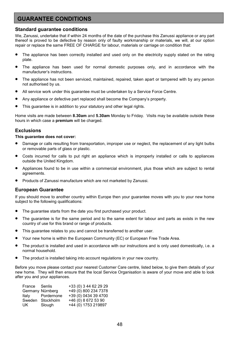 Guarantee conditions | Zanussi 311608901 User Manual | Page 48 / 60