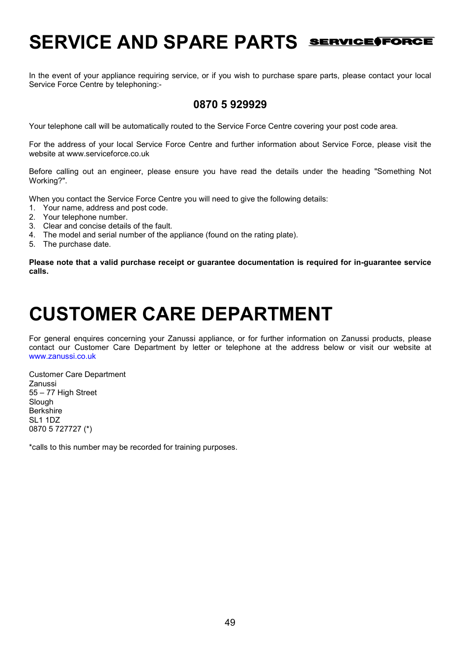 Service and spare parts, Customer care department | Zanussi 311608901 User Manual | Page 49 / 60
