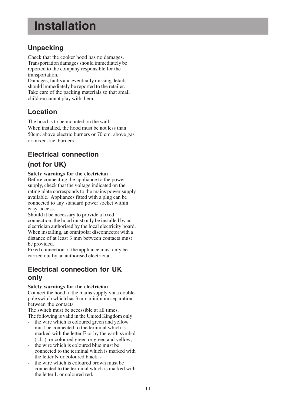 Installation | Zanussi ZHC 955 User Manual | Page 11 / 16