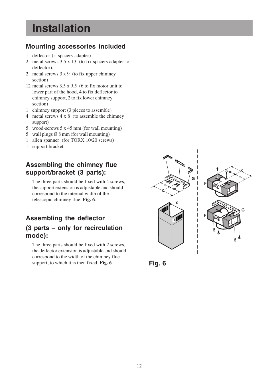 Installation, Fig. 6 mounting accessories included | Zanussi ZHC 955 User Manual | Page 12 / 16