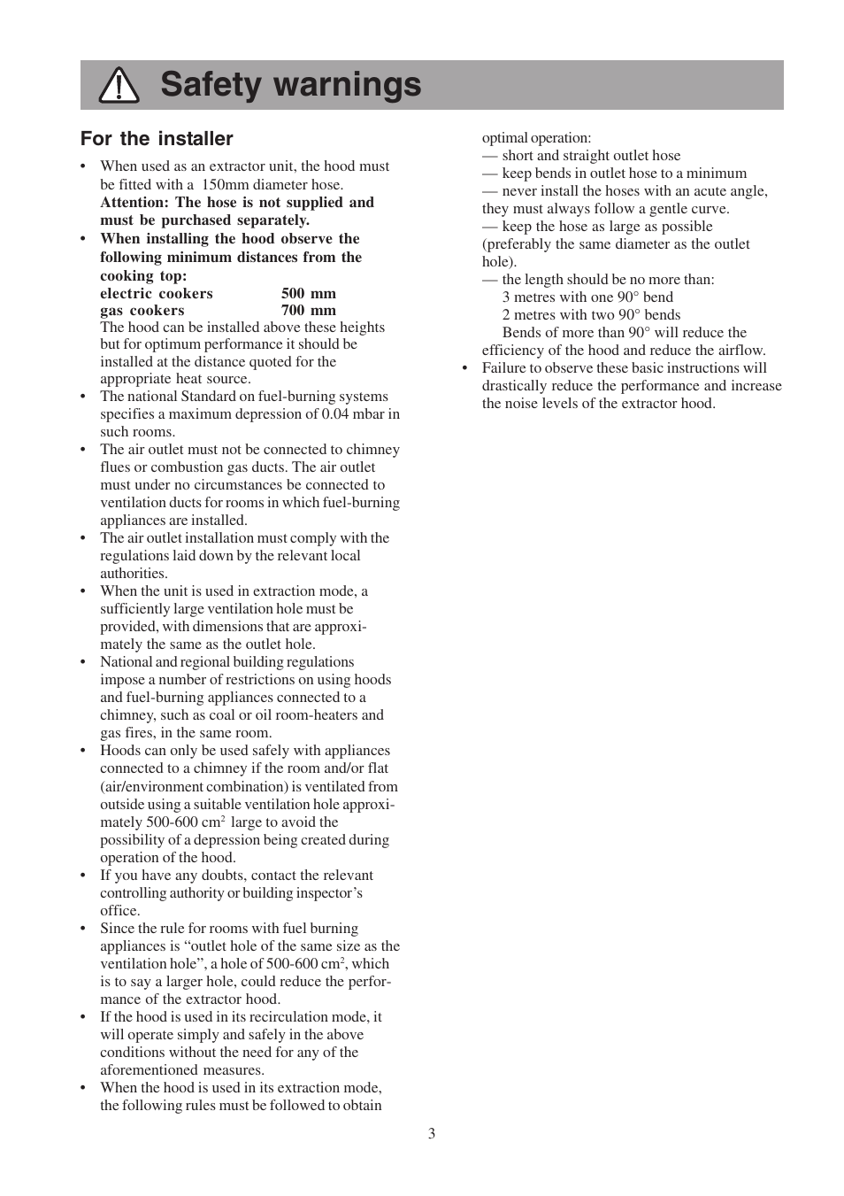 Safety warnings, For the installer | Zanussi ZHC 955 User Manual | Page 3 / 16